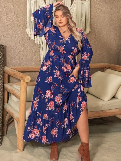 Plus Size Printed Half Button Flare Sleeve Dress - Body By J'ne