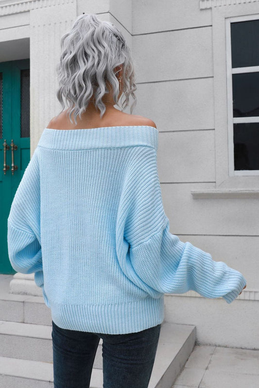 Off-Shoulder Ribbed Long Sleeve Pullover Sweater - Body By J'ne