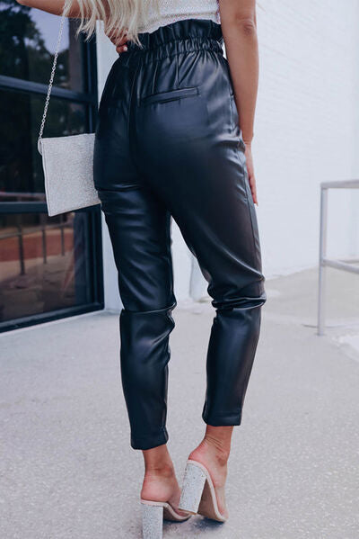 Smocked High Waist Faux Leather Skinny Pants - Body By J'ne