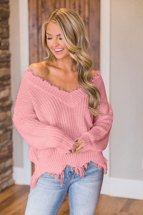 Frayed Hem Dropped Shoulder Sweater - Body By J'ne