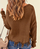 Fringe V-Neck Dropped Shoulder Sweater - Body By J'ne