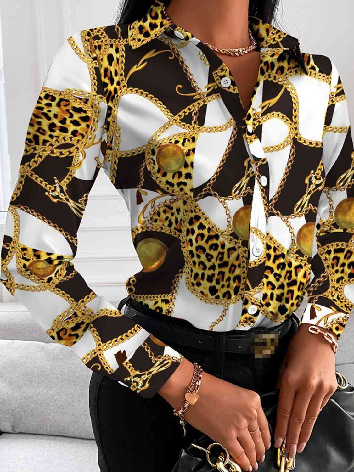 Printed Collared Neck Long Sleeve Shirt - Body By J'ne