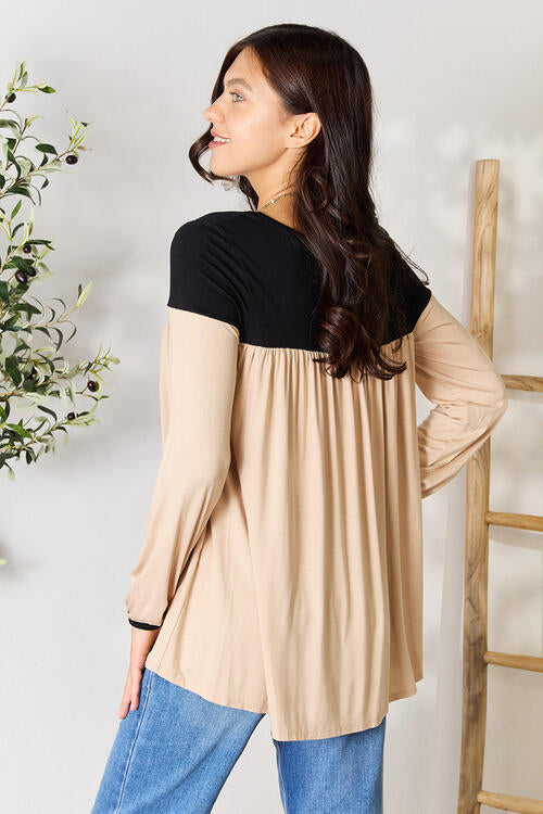 Contrast Long Sleeve Ruched Blouse - Body By J'ne