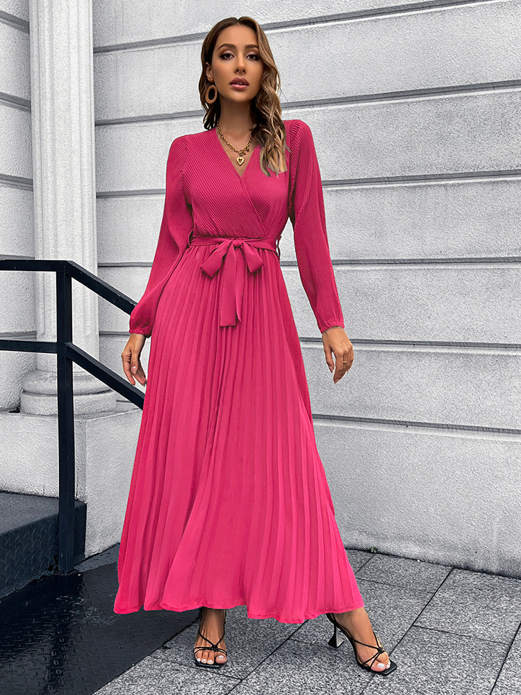 V-Neck Tie Waist Pleated Maxi Dress - Body By J'ne