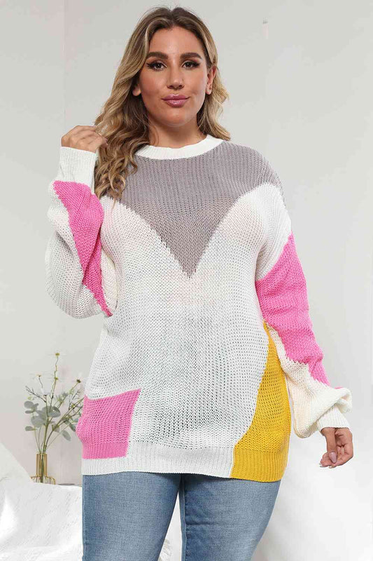 Plus Size Color Block Round Neck Sweater - Body By J'ne