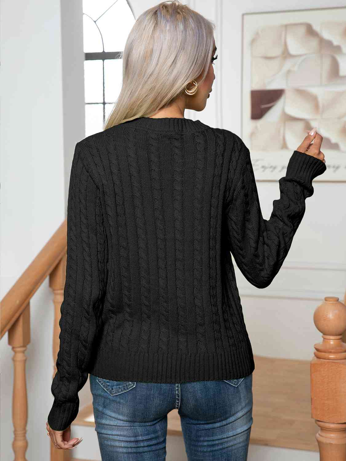 Cable-Knit Round Neck Long Sleeve Sweater - Body By J'ne