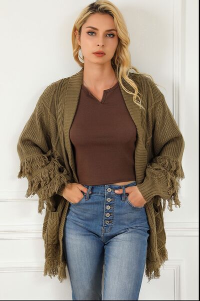 Cable-Knit Fringe Pocketed Cardigan - Body By J'ne