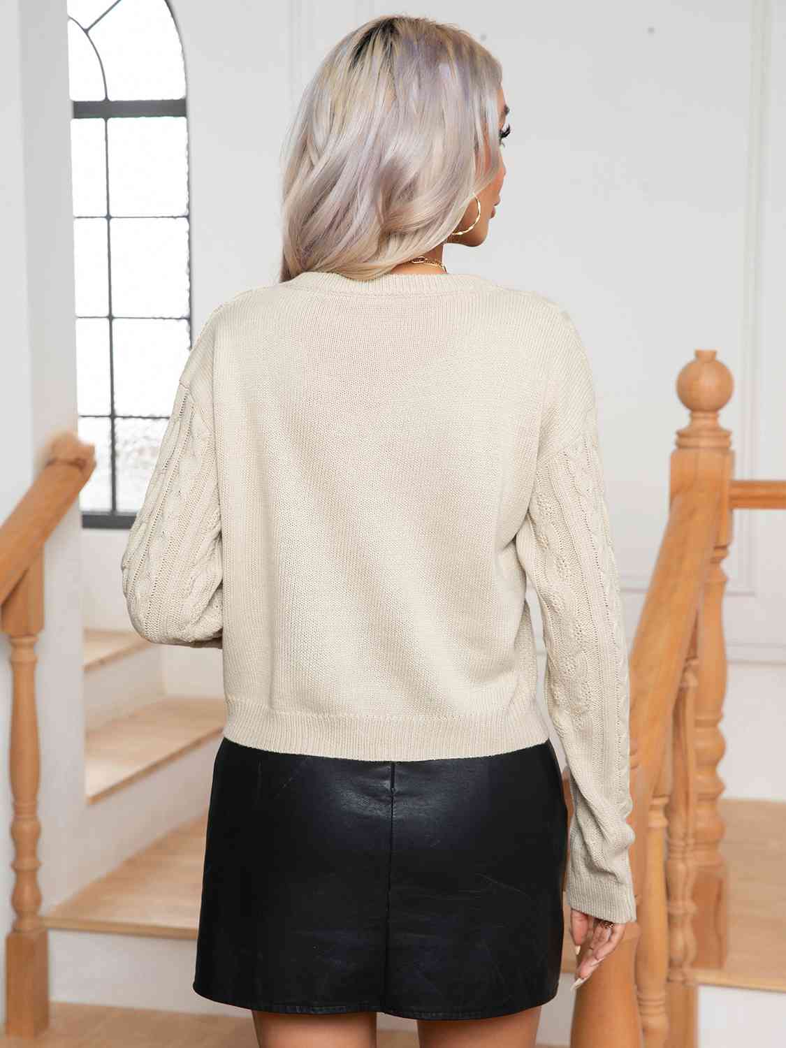Cable-Knit Round Neck Long Sleeve Sweater - Body By J'ne
