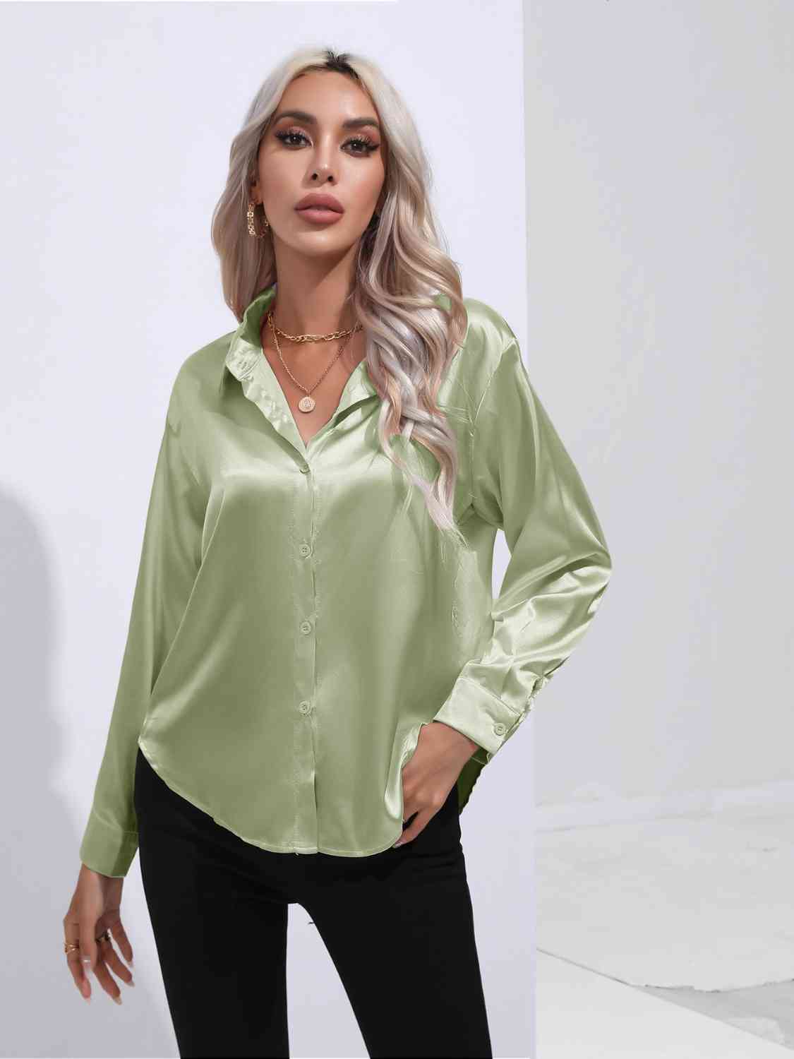 Collared Neck Buttoned Long Sleeve Shirt - Body By J'ne