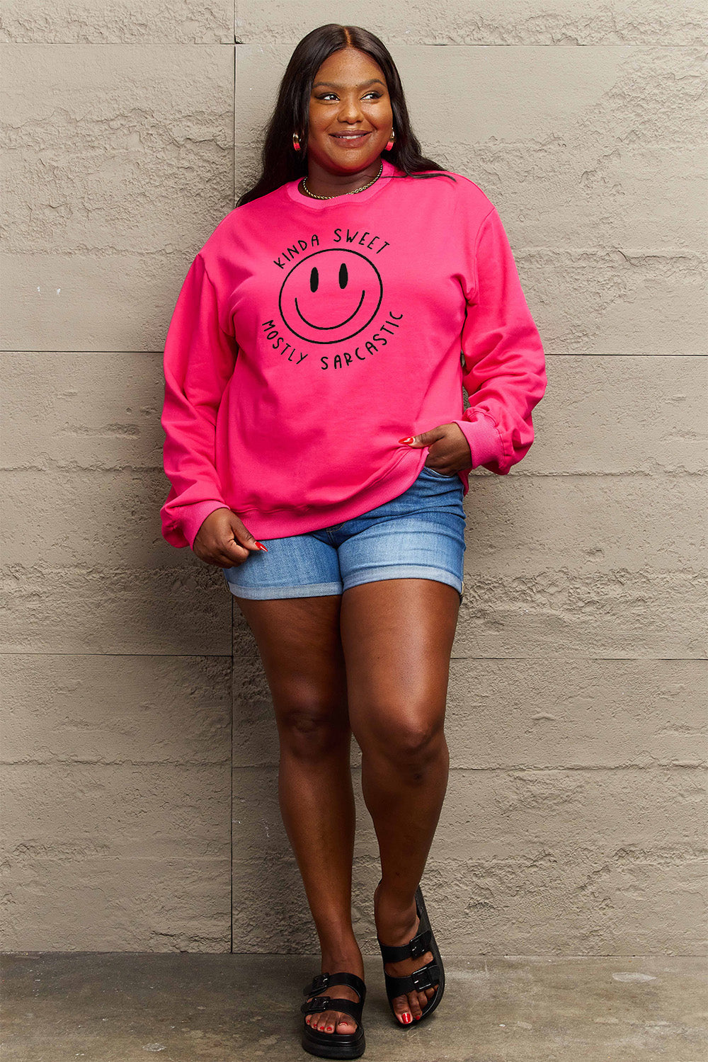 Full Size Smiling Face Graphic Sweatshirt - Body By J'ne