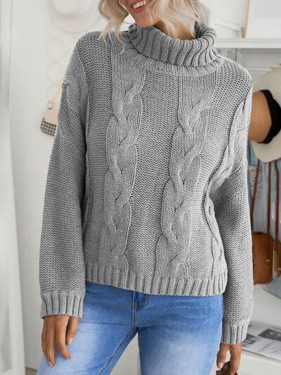 Cable-Knit Turtleneck Dropped Shoulder Sweater - Body By J'ne
