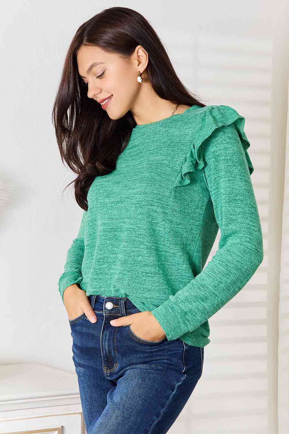 Ruffle Shoulder Long Sleeve T-Shirt - Body By J'ne