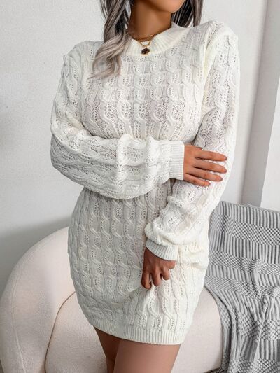 Cable-Knit Round Neck Mini Wrap Sweater Dress - Body By J'ne