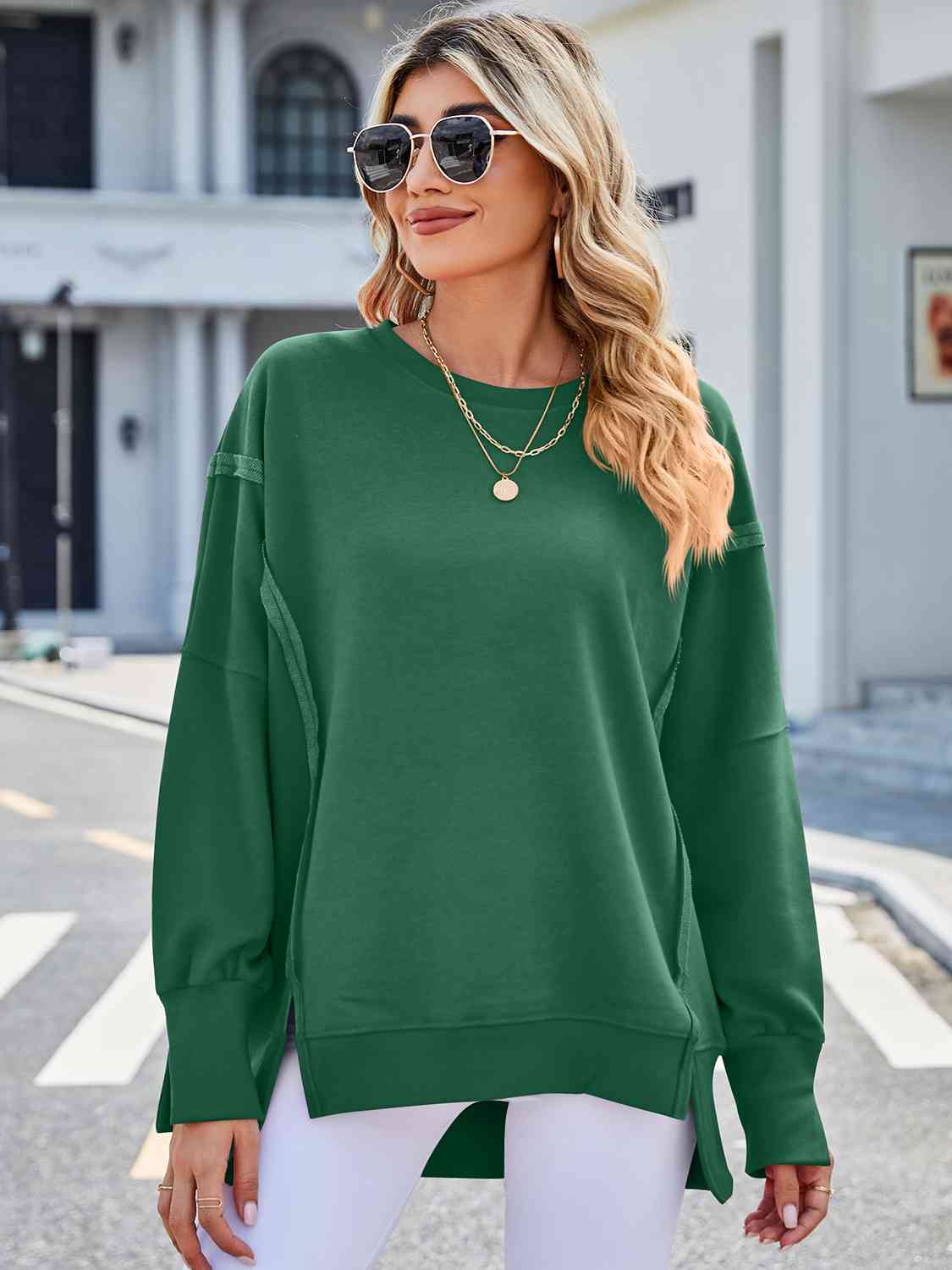 Exposed Seam High-Low Round Neck Sweatshirt - Body By J'ne