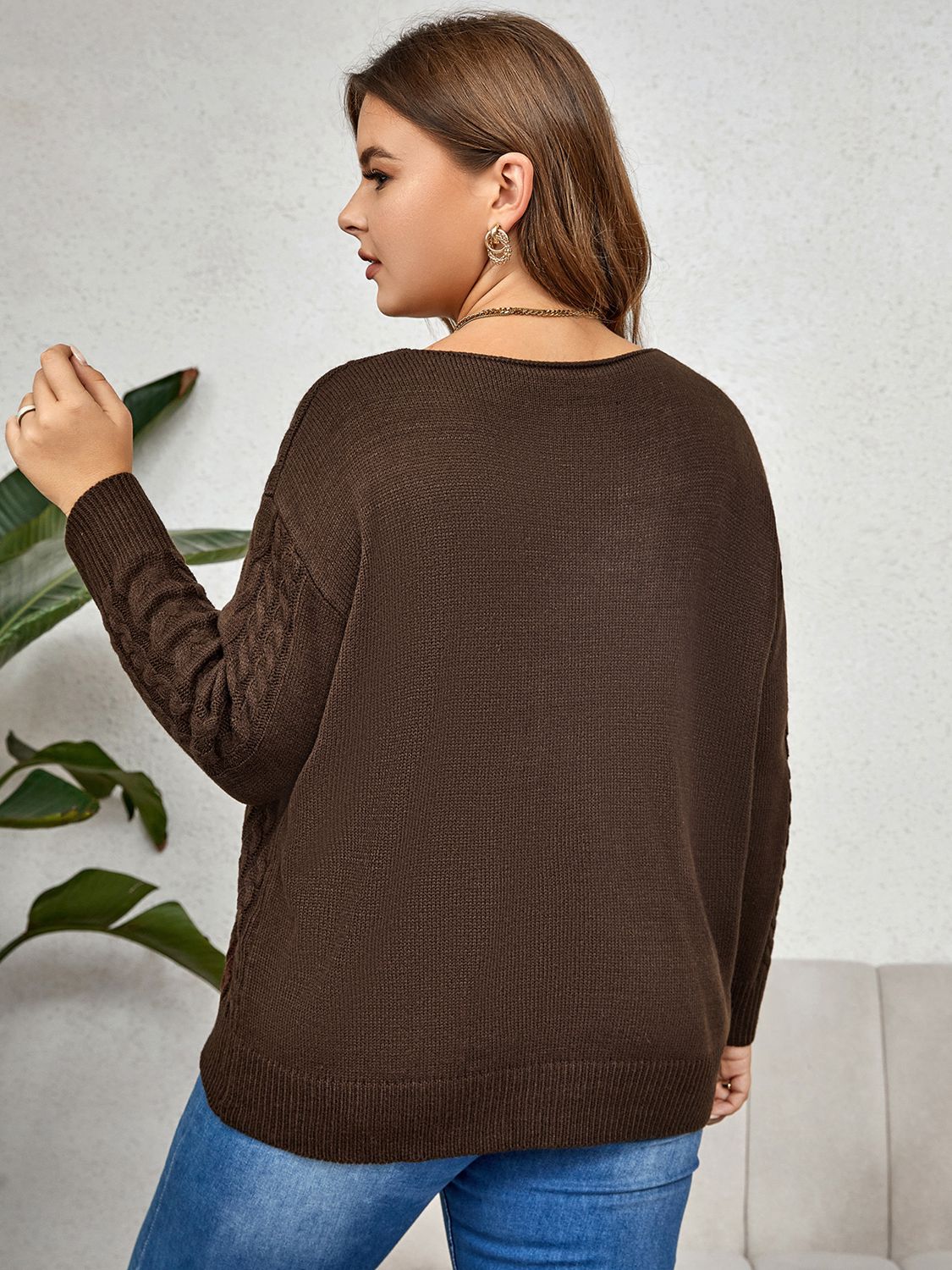 Plus Size V-Neck Cable-Knit Long Sleeve Sweater - Body By J'ne