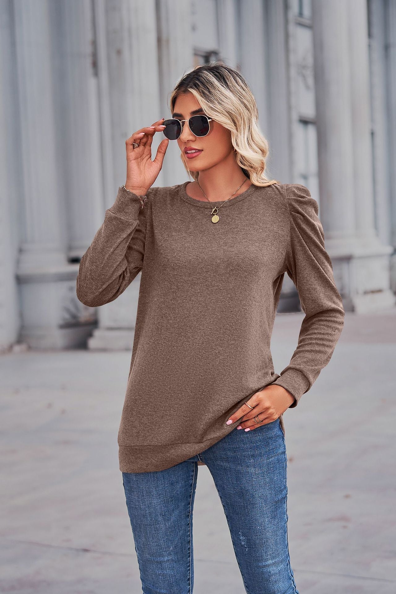 Heathered Puff Sleeve Round Neck Tunic Top - Body By J'ne