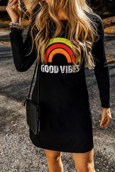 GOOD VIBES Round Neck Long Sleeve Dress - Body By J'ne