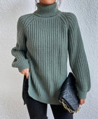 Full Size Turtleneck Rib-Knit Slit Sweater - Body By J'ne