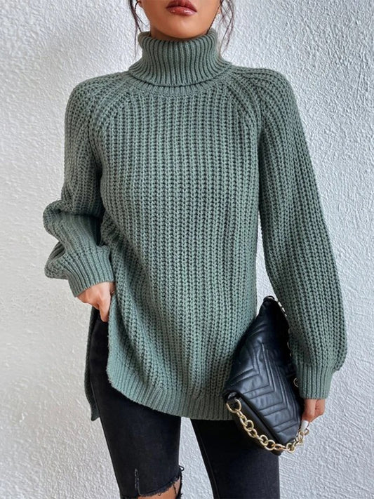 Full Size Turtleneck Rib-Knit Slit Sweater - Body By J'ne