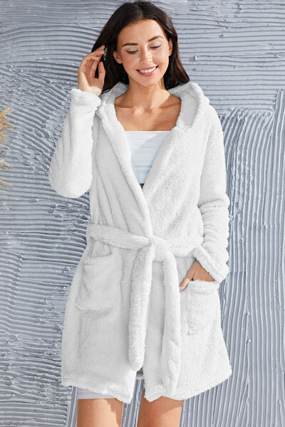 Fuzzy Tied Pocketed Hooded Lounge Nightgown - Body By J'ne