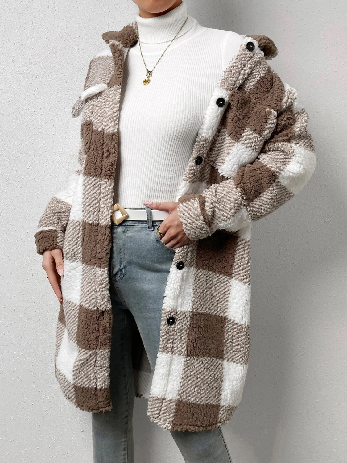 Plaid Collared Neck Button Down Coat - Body By J'ne