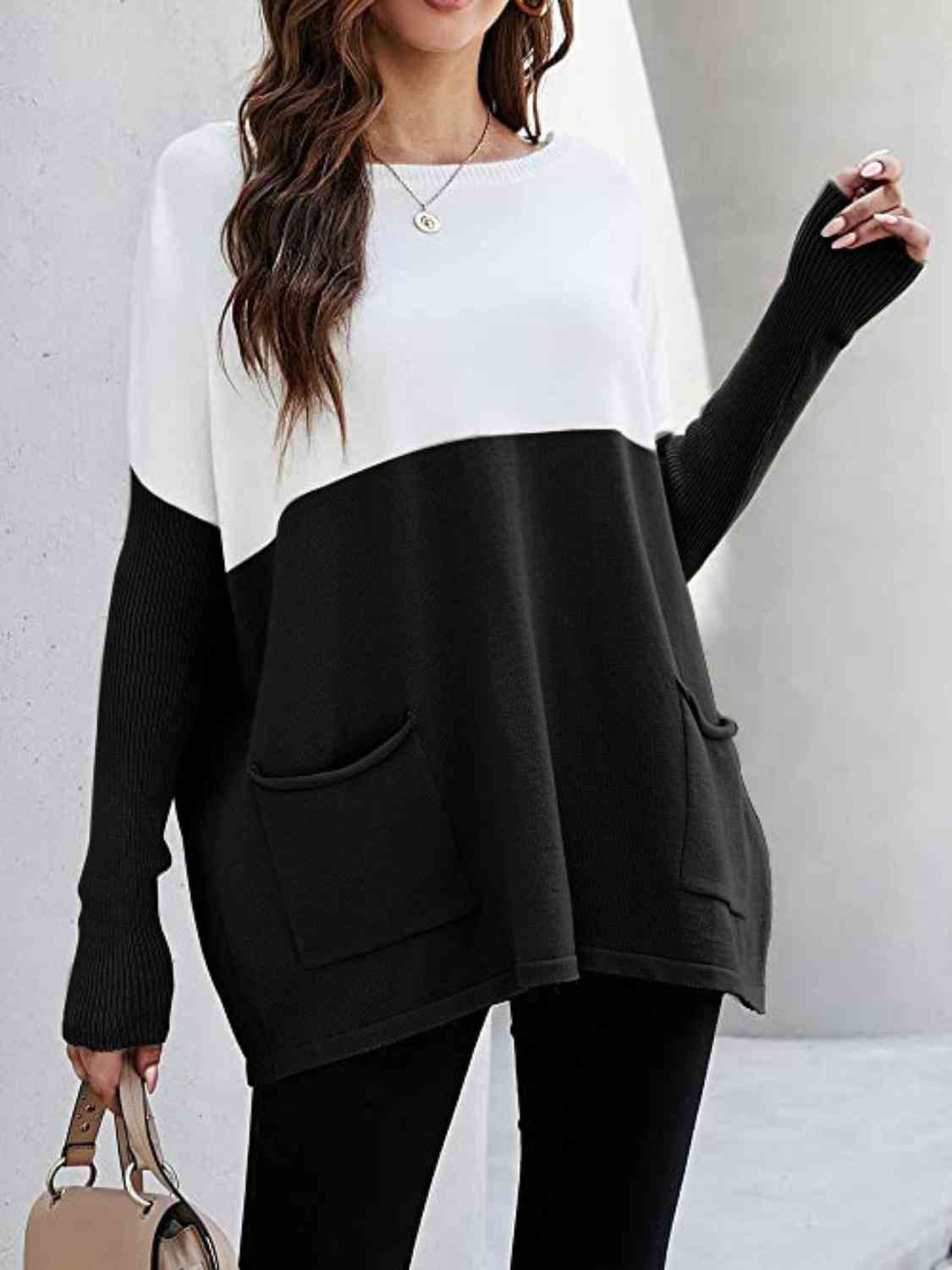 Two Tone Pullover Sweater with Pockets - Body By J'ne