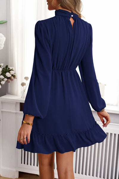 Frill Ruched Mock Neck Balloon Sleeve Dress - Body By J'ne