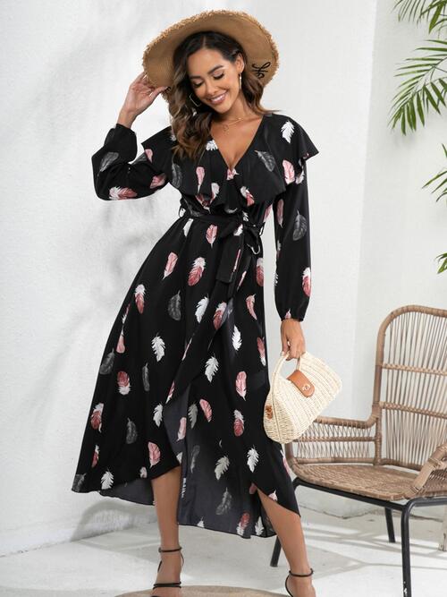 Printed Tie Front Ruffle Trim Long Sleeve Dress - Body By J'ne