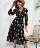 Printed Tie Front Ruffle Trim Long Sleeve Dress - Body By J'ne