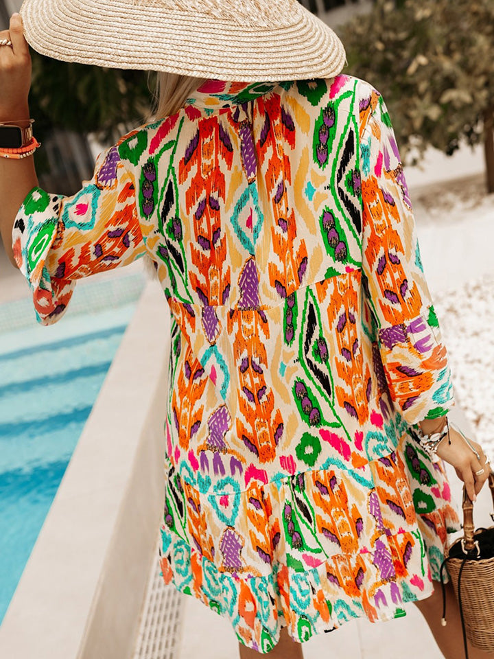 Printed Buttoned Long Sleeve Dress - Body By J'ne