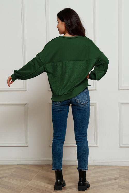 Exposed Seam Half Button Long Sleeve Sweatshirt - Body By J'ne