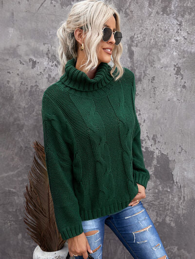Cable-Knit Turtleneck Dropped Shoulder Sweater - Body By J'ne