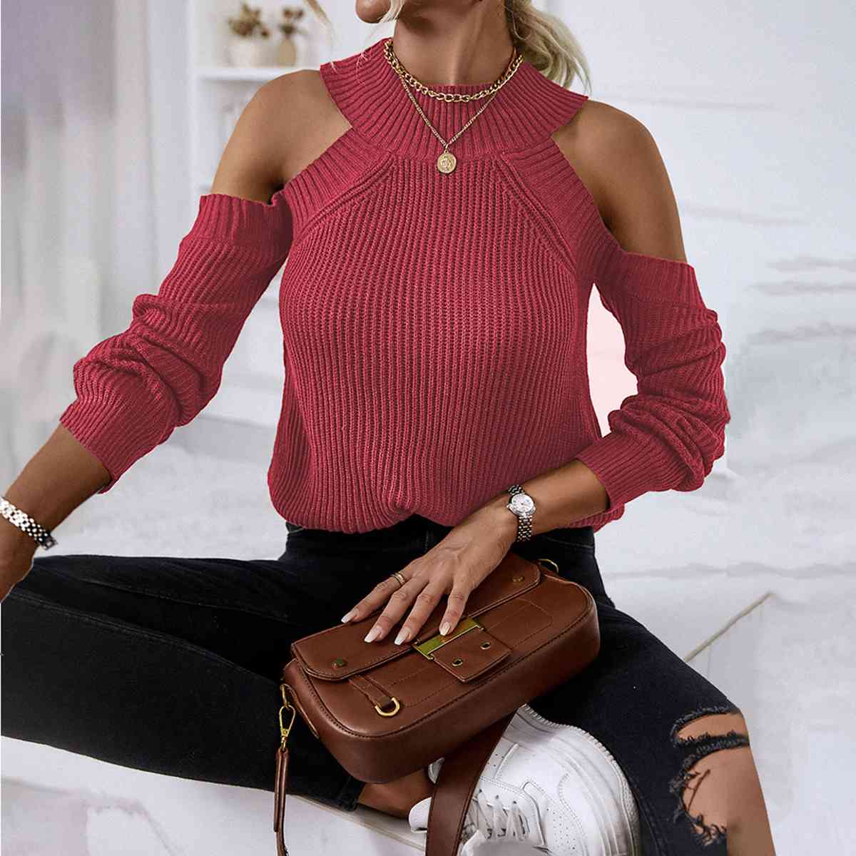 Round Neck Cold-Shoulder Sweater - Body By J'ne