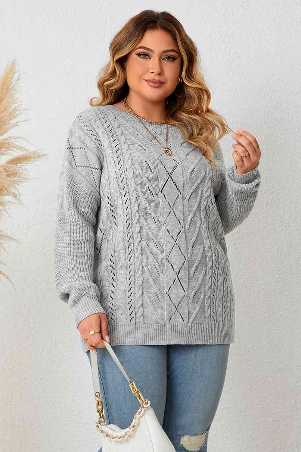 Plus Size Cold Shoulder Asymmetrical Cable-Knit Top - Body By J'ne