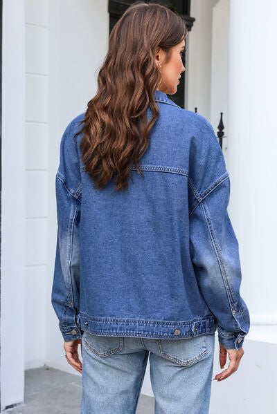 Button Up Dropped Shoulder Denim Jacket with Pockets - Body By J'ne