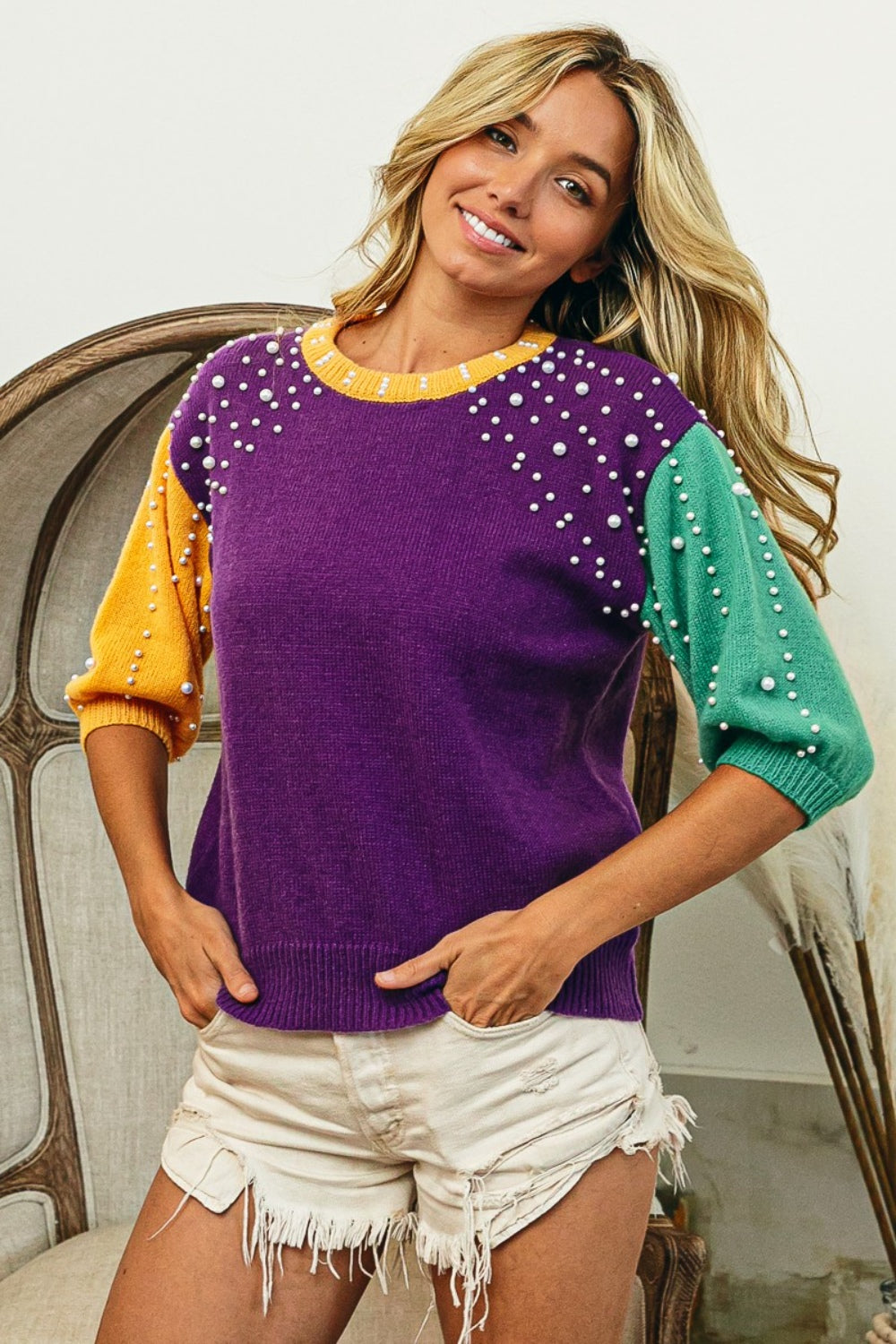 Color Block Pearl Detail Round Neck Sweater - Body By J'ne