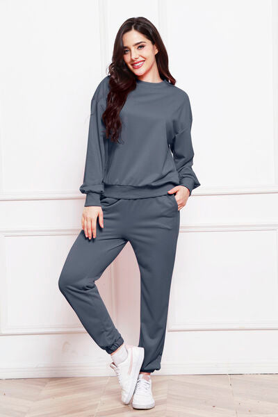 Round Neck Long Sleeve Sweatshirt and Pants Set - Body By J'ne