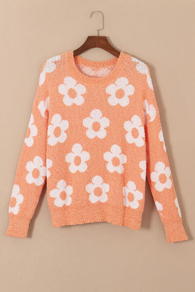 Flower Round Neck Dropped Shoulder Sweater - Body By J'ne