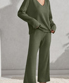 V-Neck Dropped Shoulder Top and Pants Set - Body By J'ne