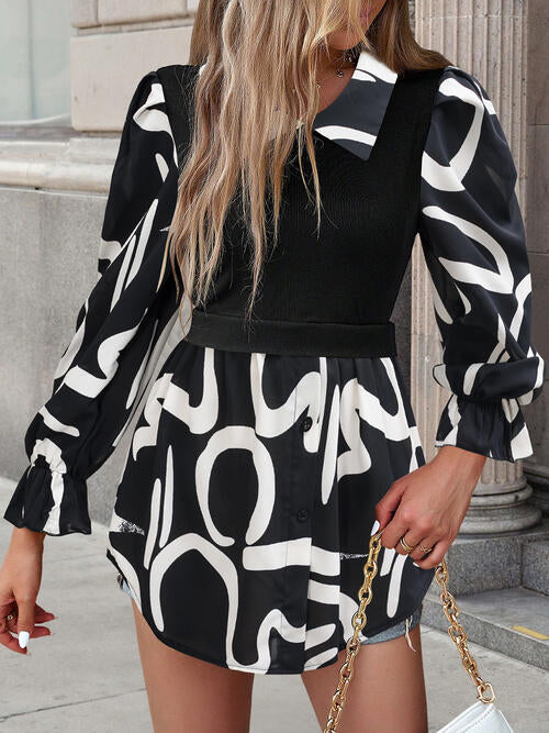 Collared Neck Black And White Color-Contrast Print Long Sleeve Shirt - Body By J'ne