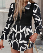 Collared Neck Black And White Color-Contrast Print Long Sleeve Shirt - Body By J'ne