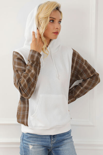 Plaid Waffle-Knit Drawstring Kangaroo Pocket Hoodie - Body By J'ne