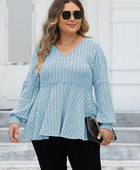 Plus Size Ribbed V-Neck Long Sleeve Blouse - Body By J'ne