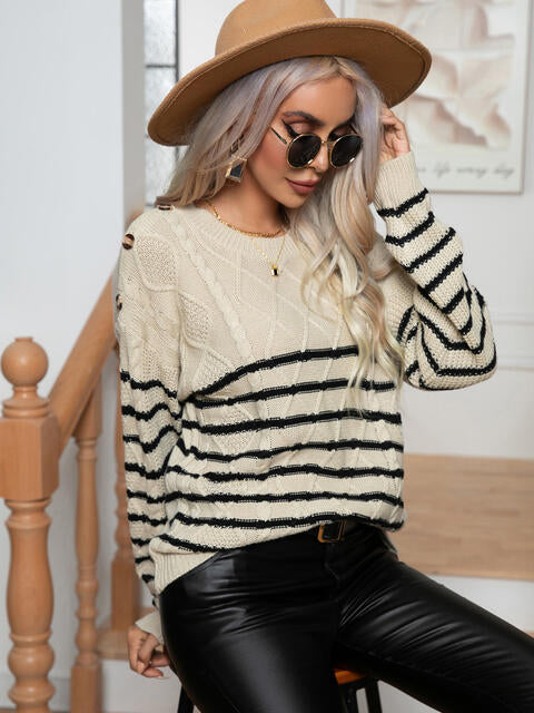 Striped Round Neck Cable-Knit Sweater - Body By J'ne