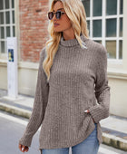 Ribbed Turtleneck Long Sleeve Slit Knit Top - Body By J'ne