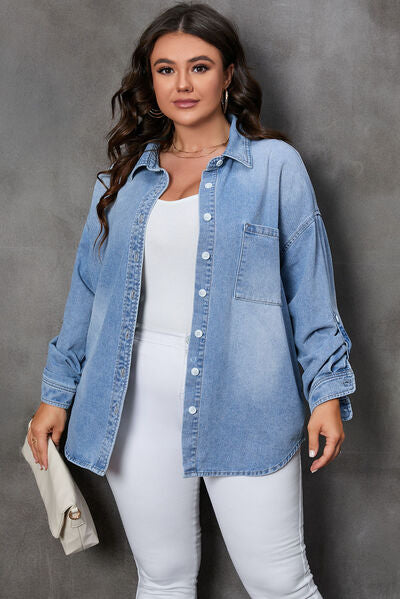 Plus Size Button Up Pocketed Denim Top - Body By J'ne