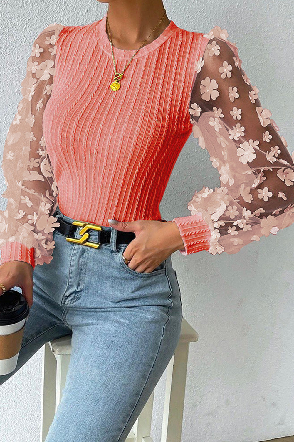 Textured Applique Long Sleeve Blouse - Body By J'ne