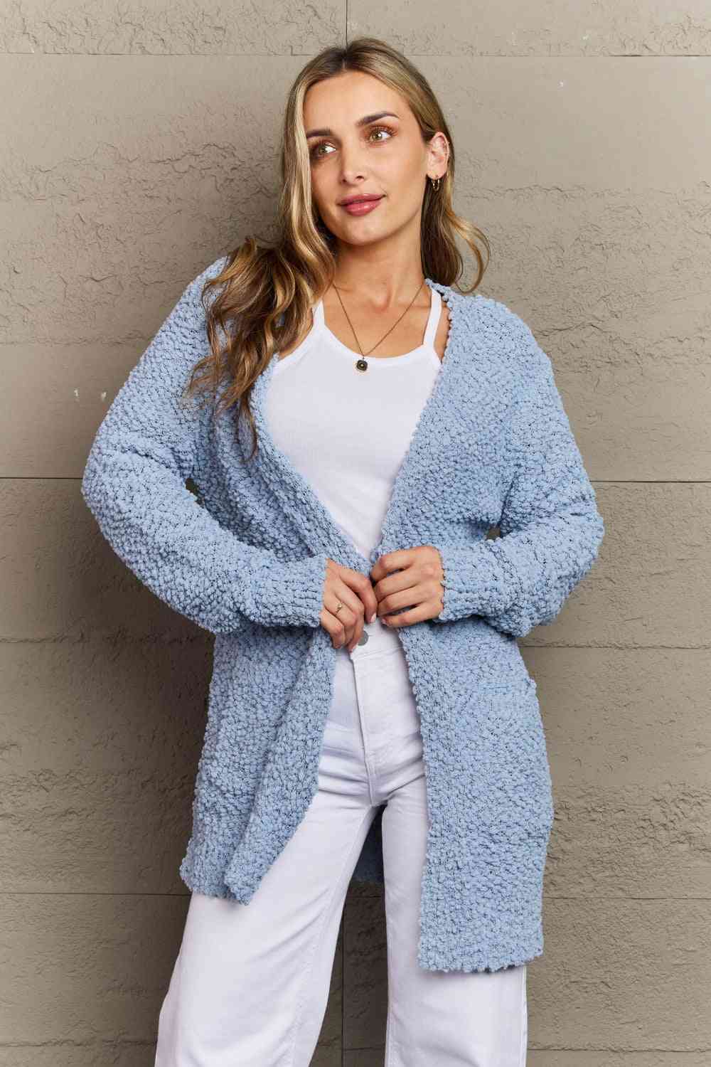Falling For You Full Size Open Front Popcorn Cardigan - Body By J'ne