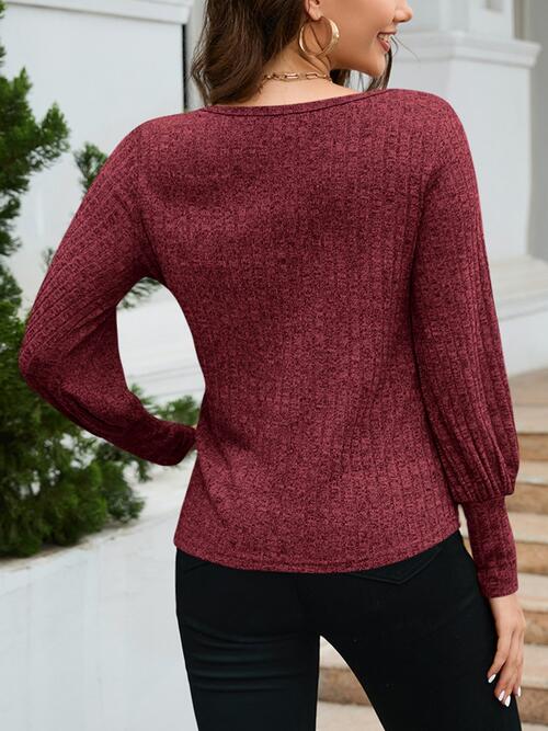 Ribbed Round Neck Lantern Sleeve Knit Top - Body By J'ne