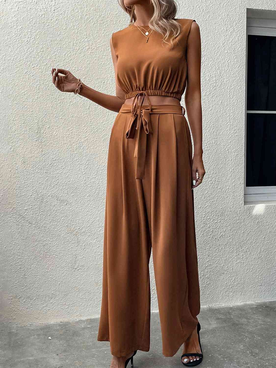 Sleeveless Drawstring Top and Tied Pants Set - Body By J'ne